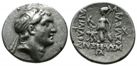 (Silver 4.13g 19mm) KINGS OF CAPPADOCIA. Ariarathes V Eusebes Philopator (Circa 163-130 BC). Drachm AR
Diademed head right.
Rev: thena standing left, ...
