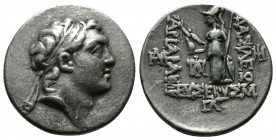 (Silver 4.15g 20mm) KINGS OF CAPPADOCIA. Ariarathes V Eusebes Philopator (Circa 163-130 BC). Drachm AR
Diademed head right.
Rev: thena standing left, ...