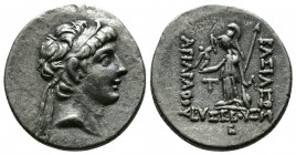 (Silver 3.99g 19mm) KINGS OF CAPPADOCIA. Ariarathes V Eusebes Philopator (Circa 163-130 BC). Drachm AR
Diademed head right.
Rev: thena standing left, ...