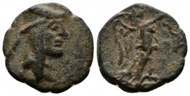 (Bronze, 3.40g 17mm) Armenian Kingdom of Sophene. Arkathias II.90/89 BC. Arkathiokerta(?). AE
Head of Arkathias II right, wearing bashlik tied with di...