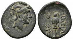 (2.66g 16mm Bronze)Seleukid Kingdom. Uncertain mint coining for Edessa and Anthemous. Antiochos I Soter 281-261 BC. AE
 Head of Athena right, wearing ...