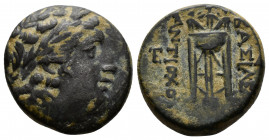 (Bronze, 4.45g 17mm) Seleukid Kings of Syria, Antiochos II. Sardes(?) 261-246 BC. AE
Laureate head of Apollo right 
Rev.ΒΑΣΙΛΕΩΣ ANTIOXOY, tripod...