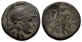 (Bronze, 4.42g 18mm) Seleukid Kingdom. Seleukos II Kallinikos. 246-226 B.C.AE Sardes. AE
Head of Athena right, wearing crested Attic helmet 
Rev. Apol...
