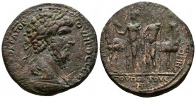 (18.27g 31mm Bronze )Pontos. Neocaesarea. Lucius Verus AD 161-169.AE
ΑΥΤΟΚΡΑΤΟP ΟVΗPΟС СEΒA laureate, draped, and cuirassed bust right 
Rev. the two D...