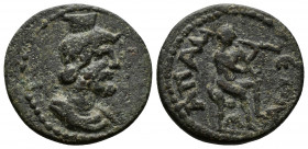(2.65g 18mm Bronze) Phrygia. Apameia . Pseudo-autonomous issue circa AD 244-268. AE 
 Draped bust of Serapis right, polos on head 
Rev. AΠAMEΩN, Marsy...