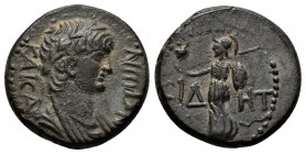 (5.17g 19mm Bronze) PAMPHYLIA. Side. Nero (54-68). AE.
 ΝΕΡΩΝ ΚΑΙϹΑΡ Bareheaded and draped bust right.
Rev: ϹΙΔΗΤ Athena advancing left, holding shiel...