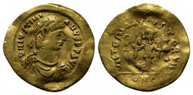 (Gold, 1.43g 13mm) JUSTINIAN I (527-565).Tremissis. Constantinople.
Diademed, draped and cuirassed bust right.
Rev: Victory advancing right, head left...