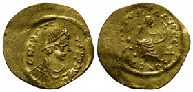 (Gold, 2.21g 19mm) JUSTINIAN I (527-565). GOLD Semissis. Constantinople.
Diademed, draped and cuirassed bust right.
Rev: Victory seated right on shiel...