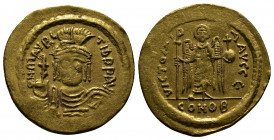 (Gold, 4.29g 22mm) MAURICE TIBERIUS (582-602). Solidus. Constantinople.
Draped and cuirassed facing bust, wearing plumed helmet and holding globus cru...