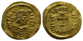 (Gold, 1.34g 17mm) MAURICE TIBERIUS (582-602). Tremissis. Constantinople.
Diademed, draped and cuirassed bust right.
Rev: Cross potent.
Sear 488.