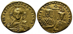 (Gold, 4.27g 21mm) CONSTANTINE VII PORPHYROGENITUS with ROMANUS II (913-959). Solidus. Constantinople.
Facing bust of Christ Pantokrator.
Rev: Facing ...