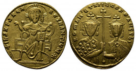 (Gold, 4.23g 20mm) CONSTANTINE VII PORPHYROGENITUS with ROMANUS I and CHRISTOPHER (913-959). Solidus. Constantinople.
Christ Pantokrator seated facing...