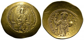 (Gold, 4.32g 27mm) CONSTANTINE X DUCAS (1059-1067). Histamenon Nomisma. Constantinople.
Christ Pantokrator seated facing on throne.
Rev: Constantine s...