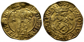 (Gold,3.36g 23mm) NETHERLANDS. Ducat (1595). West Friesland. Hungarian type.
Crowned coat-of-arms.
Rev: Sigismund standing facing, holding axe and swo...
