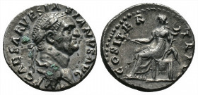 (3.16g 18mm Silver) Vespasian AR Denarius. Rome, AD 69-71. 
IMP CAESAR VESPASIANVS AVG, laureate head right 
Rev.COSITER TR POT, Pax seated left, hold...