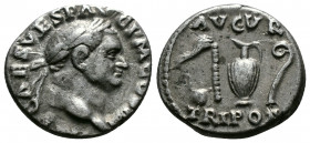 (Silver,3.41g 18mm) Vespasian 69-79 AR Denarius.
Laureate head right
Rev: Simpulum, aspergillum, jug and lituus. 
RIC 42; RSC 45