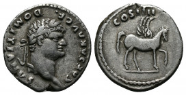 (3.40g 19mm Silver) Domitian. A.D. 81-96. AR denarius Rome mint, Struck A.D. 76-77. 
CAESAR AVG F DOMITIANVS , laureate head right 
Rev. COS IIII, Peg...