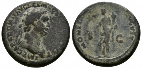 (Bronze.12.71g 28mm) Domitian (81-96 AD). AE As , Rome
Laureate head to right.
Rev.Moneta standingleft, holding scales and cornucopiae.
RIC 303