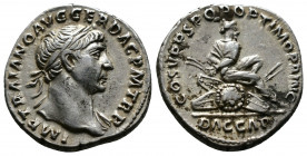 (Silver, 3.46g 18mm) Trajan AD 98-117. Rome Denar AR 
 IMP TRAIANO AVG GER DAC P M TR P; leaure bust of Trajan right 
Rev.COS V PP SPQR OPTIMO PRINC; ...