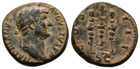 (Bronze, 2.81g 16mm) Hadrian AE Semis. Rome, AD 128-129.
 HADRIANVS AVGVSTVS P P, laureate head to right 
Rev.COS III, Legionary eagle between two sta...