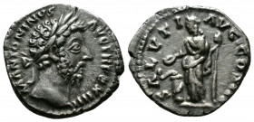 (Silver, 3.06g 20mm) Marcus Aurelius AD 161-180. Rome. Denarius AR
laureate head right
Rev: Salus standing left, holding sceptre and feeding serpent r...