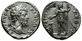 (Silver,3.39g 18mm) Septimius Severus (193-211 AD) Rome AR Denarius 
Laureate head right.
Rev: Emperor standing left, holding spear and sacrificing fr...
