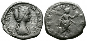 (Silver,3.25g 20mm) Julia Domna AR Denarius. Rome, AD 193-196.
draped bust right
Rev: Venus standing right, leaning on column, holding palm branch and...