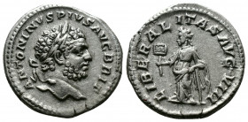 (Silver,3.15g 19mm) Caracalla AD 211-217. Rome. Denarius AR
laureate head right.
Rev: Liberalitas standing left, holding abacus and cornucopiae.
RIC 2...