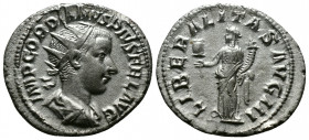 (Silver, 3.86g 23mm) Gordian III (AD 238-244). AR antoninianus Rome,
radiate, draped, cuirassed bust of Gordian III right, seen from behind
Rev: Liber...