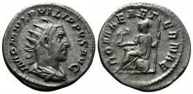 (Silver, 3.91g 23mm) Philip I (244-249 AD) Rome AR Antoninianus 
radiate, draped and cuirassed bust of Philip I right, seen from behind.
Rev: Roma sea...