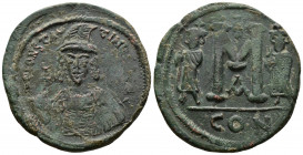 (Bronze, 17.58g 38mm) Constantine IV Pogonatus, with Heraclius and Tiberius. 668-685. AE Follis Constantinople mint, 1st officina. Struck 668-673. 
He...