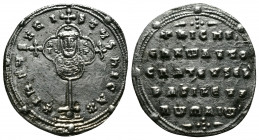 (Silver, 2.97g 23mm) Nicephorus II, Focas. (963-969 AD). Silver miliaresion Constantinople. 
+ IhSUS XRISTUS nICA *, cross crosslet on globus above tw...