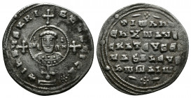 (Silver, 2.06g 22mm) John I Tzimisces AD 969-976. Constantinople Miliaresion AR 
 bust of John in central medallion on cross-crosslet
 Rev.+ IWANN, EN...