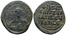 (Bronze, 11.26g 31mm) Basil II Bulgaroktonos, with Constantine VIII AD 976-1025. Anonymous follis AE. Constantinople 
 +EMMA-NOVHΛ; IC XC to left and ...