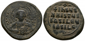 (Bronze, 12.30g 31mm) Basil II Bulgaroktonos, with Constantine VIII AD 976-1025. Anonymous follis AE. Constantinople 
 +EMMA-NOVHΛ; IC XC to left and ...