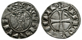 (Silver,0.94g 18mm) CRUSADERS Antioch. Bohémond III. 1163-1201. AR Denier
helmeted and mailed bust left;
Rev: ross pattée;
Metcalf, Crusades , 388-391...