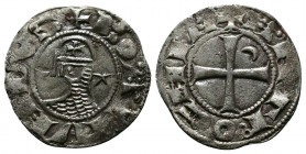 (Silver,1.06g 18mm) CRUSADERS Antioch. Bohémond III. 1163-1201. AR Denier
helmeted and mailed bust left;
Rev: ross pattée;
Metcalf, Crusades , 388-391...