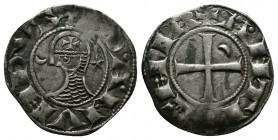 (Silver,1.03g 18mm) CRUSADERS Antioch. Bohémond III. 1163-1201. AR Denier
helmeted and mailed bust left;
Rev: ross pattée;
Metcalf, Crusades , 388-391...