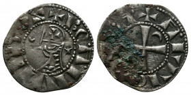(Silver,0.96g 18mm) CRUSADERS Antioch. Bohémond III. 1163-1201. AR Denier
helmeted and mailed bust left;
Rev: ross pattée;
Metcalf, Crusades , 388-391...