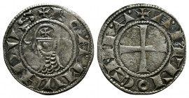 (Silver, 1.01g 18mm) CRUSADERS Antioch. Bohémond III. 1163-1201. AR Denier
helmeted and mailed bust left;
Rev: ross pattée;
Metcalf, Crusades , 388-39...