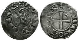 (Silver, 0.86g 19mm) CRUSADERS Antioch. Bohémond III. 1163-1201. AR Denier
helmeted and mailed bust left;
Rev: ross pattée;
Metcalf, Crusades , 388-39...