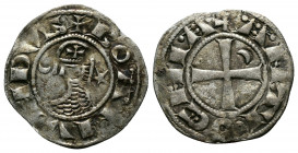 (Silver,0.96g 19mm) CRUSADERS Antioch. Bohémond III. 1163-1201. AR Denier
helmeted and mailed bust left;
Rev: ross pattée;
Metcalf, Crusades , 388-391...