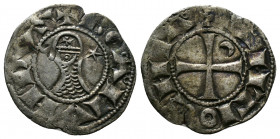 (Silver,0.95g 18mm) CRUSADERS Antioch. Bohémond III. 1163-1201. AR Denier
helmeted and mailed bust left;
Rev: ross pattée;
Metcalf, Crusades , 388-391...