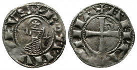 (Silver,0.91g 18mm) CRUSADERS Antioch. Bohémond III. 1163-1201. AR Denier
helmeted and mailed bust left;
Rev: ross pattée;
Metcalf, Crusades , 388-391...