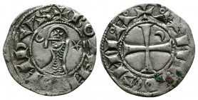 (Silver,0.97g 18mm) CRUSADERS Antioch. Bohémond III. 1163-1201. AR Denier
helmeted and mailed bust left;
Rev: ross pattée;
Metcalf, Crusades , 388-391...