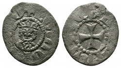 (Silver,0.62g 16mm) Cilician Armenia , Levon V (1373-1375) AR Obol
Facing bust of Levon.
Rev: Cross, pellet in each quarter
Bedoukian 2238; AC 501
