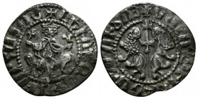 (Silver,2.68g 22mm) Cilician Armenia. Royal. Levon I, 1198-1219. Tram.
Levon seated facing on throne decorated with lions, holding cross 
Rev. Two lio...