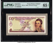 Argentina Banco Central de la Republica 100 Peso Fuertes ND (ca. 1950s) Pick UNL Front Printer's Model PMG Gem Uncirculated 65 EPQ. Mounted on cardsto...