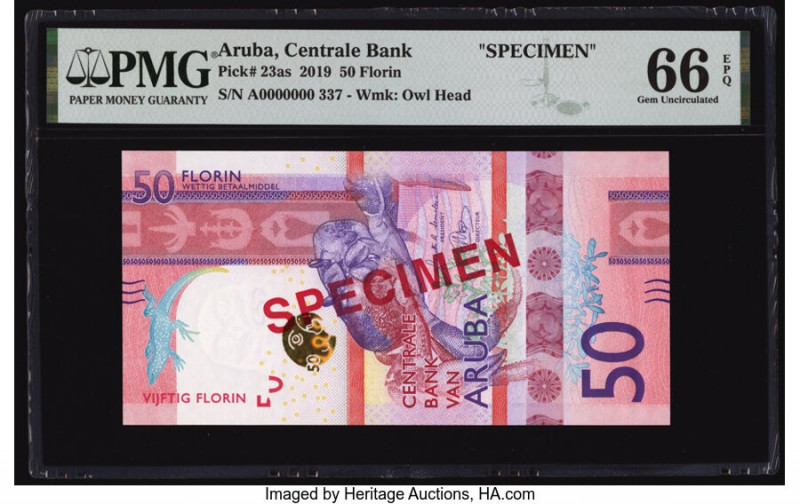Aruba Centrale Bank van Aruba 50 Florin 1.1.2019 Pick 23as Specimen PMG Gem Unci...