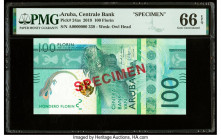 Aruba Centrale Bank van Aruba 100 Florin 1.1.2019 Pick 24as Specimen PMG Gem Uncirculated 66 EPQ. Red Specimen overprints are present on this example....